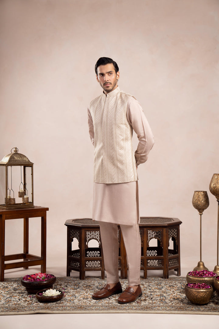 Muraqsh Ready To Wear Embroidered Cotton Men Coffee Beige Arrow Waistcoat MUR-CBAEW - Summer Collection