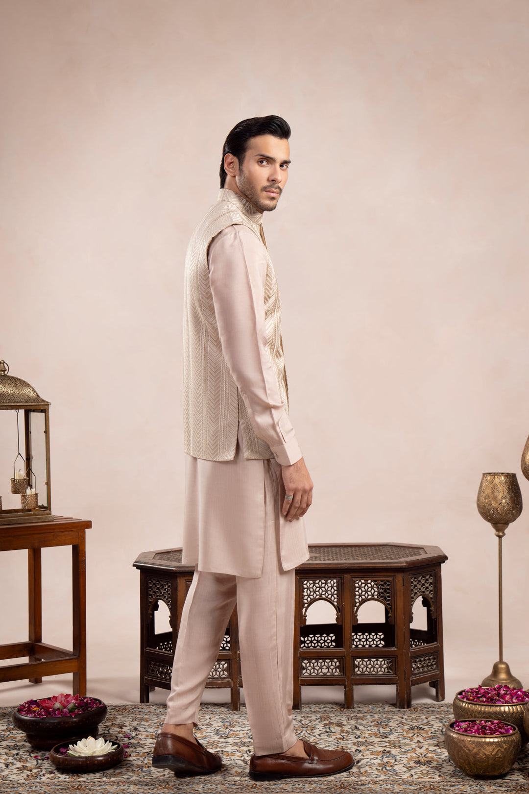 Muraqsh Ready To Wear Embroidered Cotton Men Coffee Beige Arrow Waistcoat MUR-CBAEW - Summer Collection