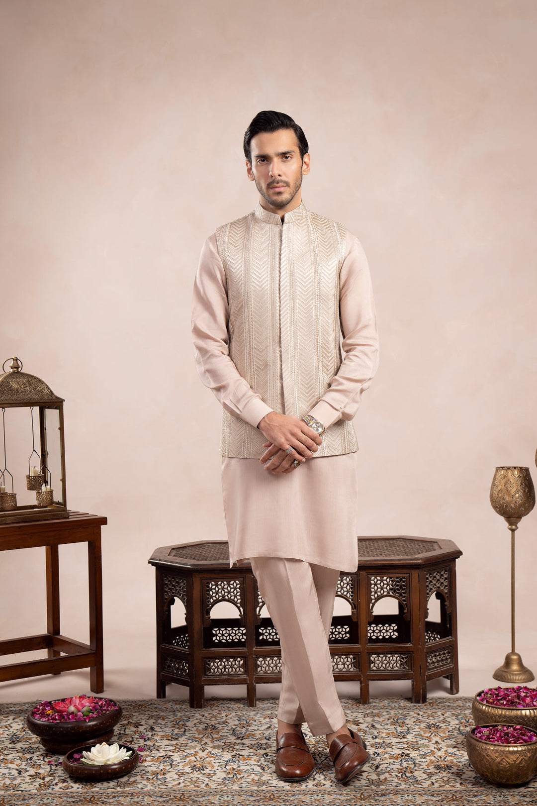 Muraqsh Ready To Wear Embroidered Cotton Men Coffee Beige Arrow Waistcoat MUR-CBAEW - Summer Collection