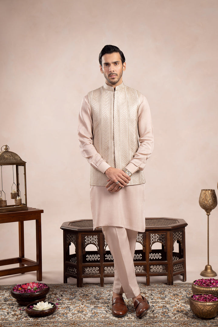 Muraqsh Ready To Wear Embroidered Cotton Men Coffee Beige Kurta Trouser with Arrow Waistcoat  MUR-CBKTW - Summer Collection