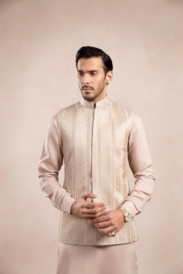 Muraqsh Ready To Wear Embroidered Cotton Men Coffee Beige Kurta Trouser with Arrow Waistcoat  MUR-CBKTW - Summer Collection
