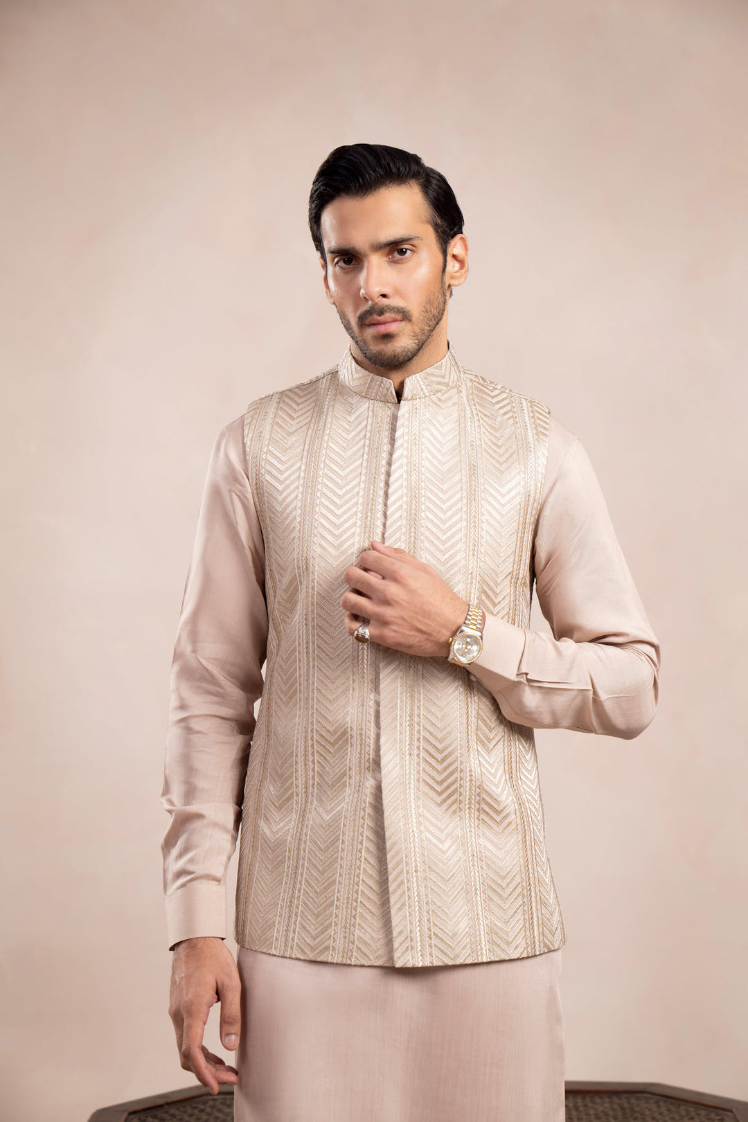 Muraqsh Ready To Wear Embroidered Cotton Men Coffee Beige Arrow Waistcoat MUR-CBAEW - Summer Collection