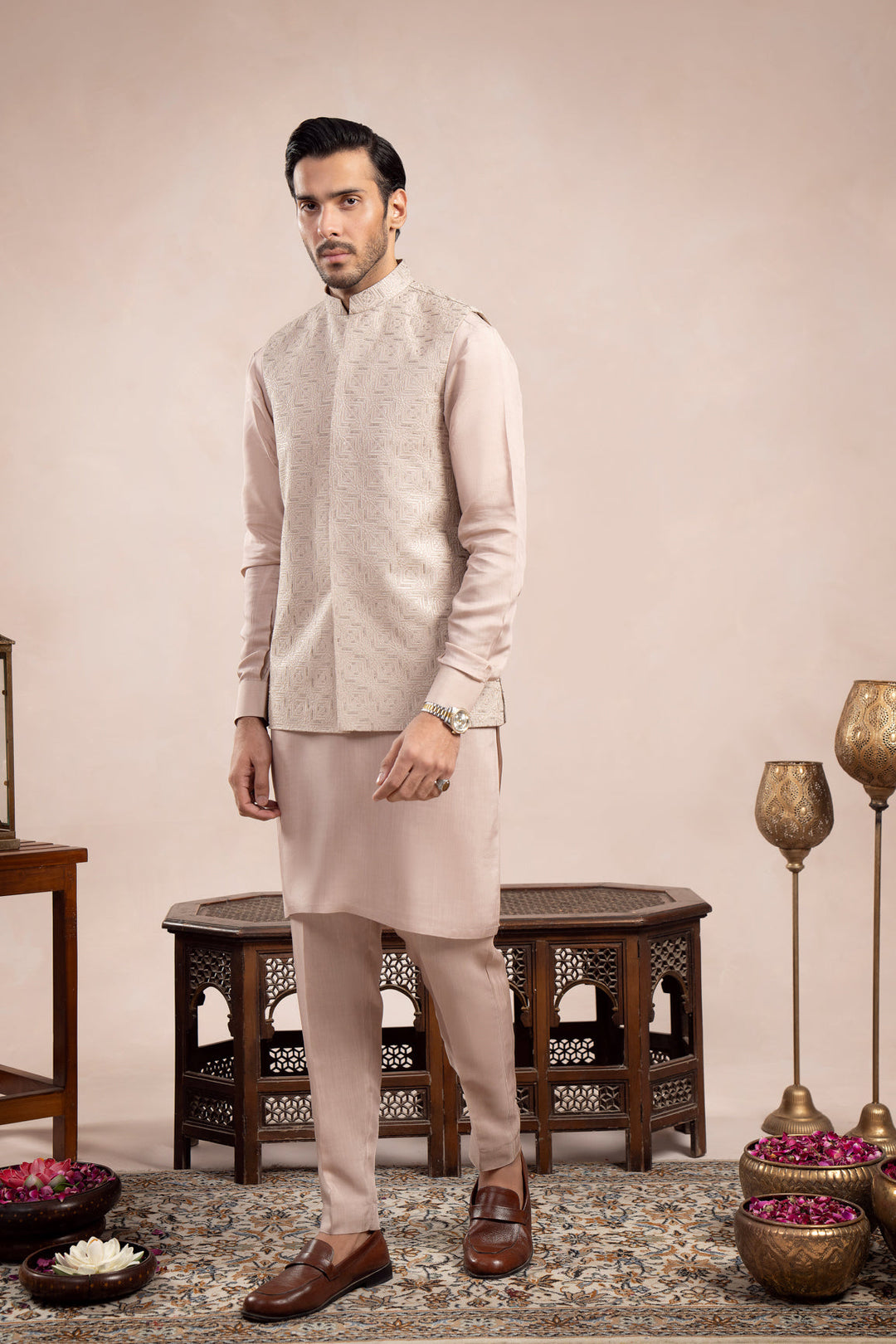 Muraqsh Ready To Wear Embroidered Cotton Men Coffee Beige Square Waistcoat MUR-CBSEW - Summer Collection