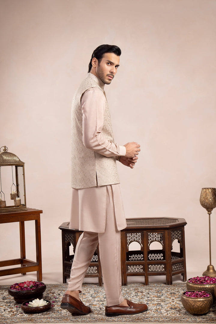 Muraqsh Ready To Wear Embroidered Cotton Men Coffee Beige Kurta Trouser with Square Waistcoat  MUR-CBKTW - Summer Collection