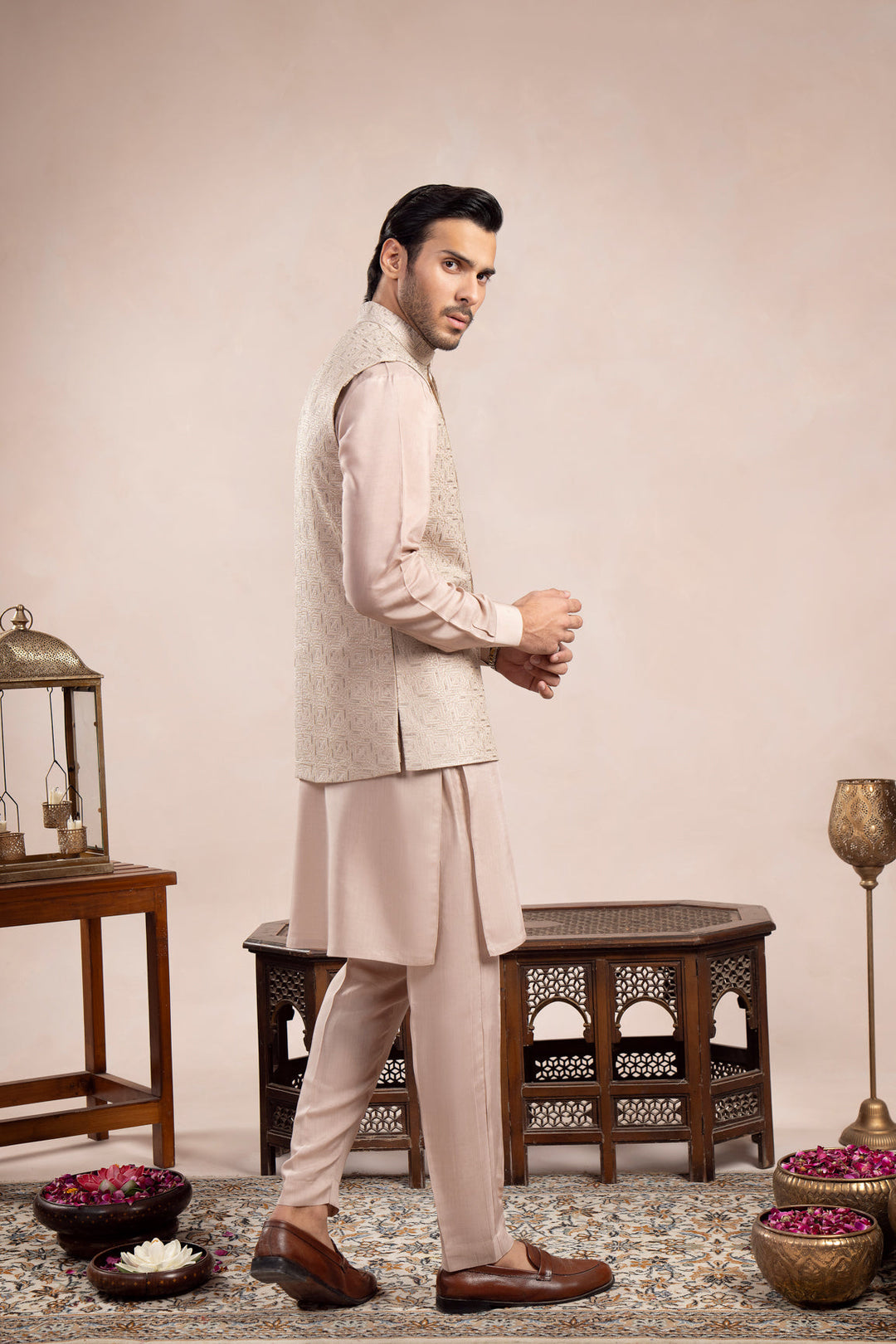 Muraqsh Ready To Wear Embroidered Cotton Men Coffee Beige Square Waistcoat MUR-CBSEW - Summer Collection