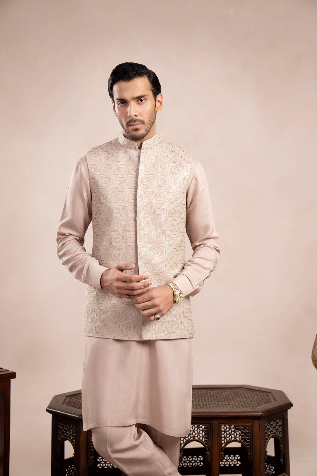 Muraqsh Ready To Wear Embroidered Cotton Men Coffee Beige Kurta Trouser with Square Waistcoat  MUR-CBKTW - Summer Collection