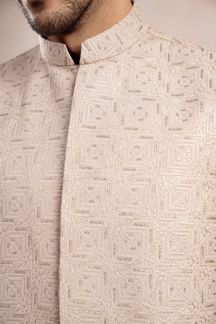 Muraqsh Ready To Wear Embroidered Cotton Men Coffee Beige Square Waistcoat MUR-CBSEW - Summer Collection