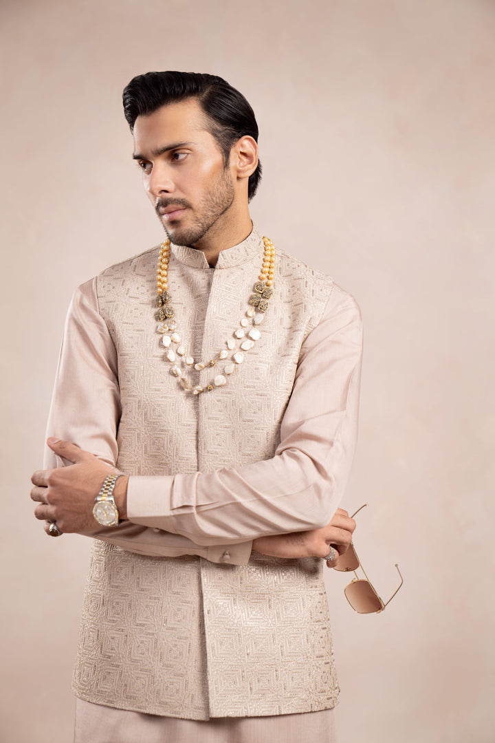 Muraqsh Ready To Wear Embroidered Cotton Men Coffee Beige Kurta Trouser with Square Waistcoat  MUR-CBKTW - Summer Collection