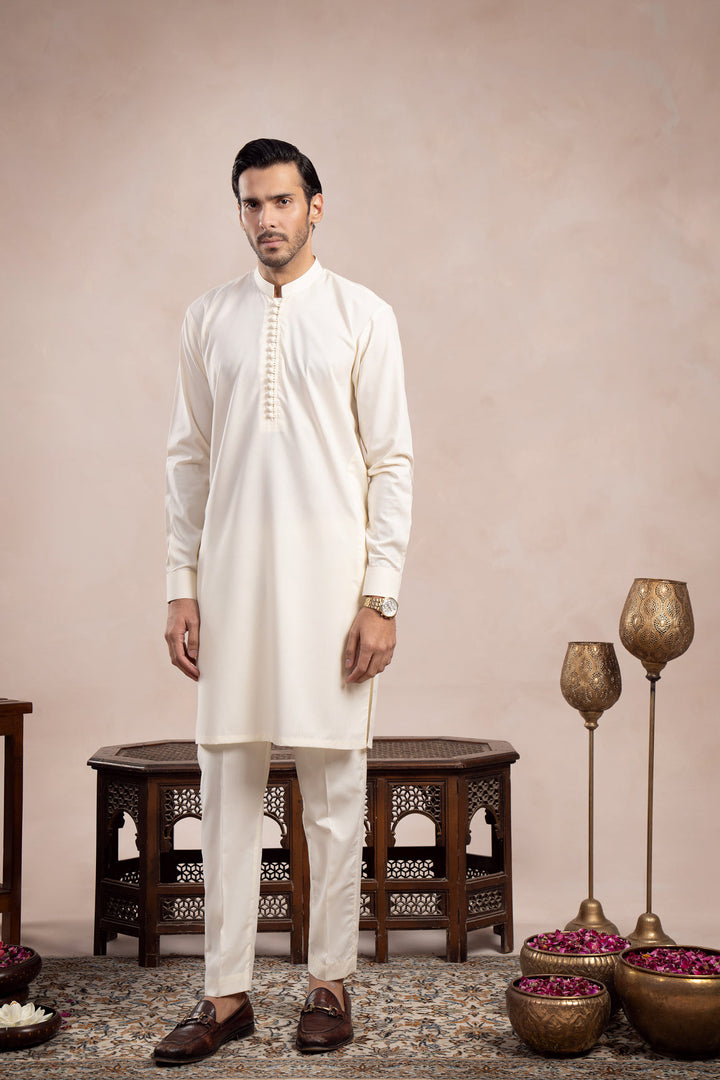 Muraqsh Ready To Wear Solids Bosky Men Bosky White Blended  Kurta Trouser Loop Buttons ABD-BOSKYOOP - Summer Collection