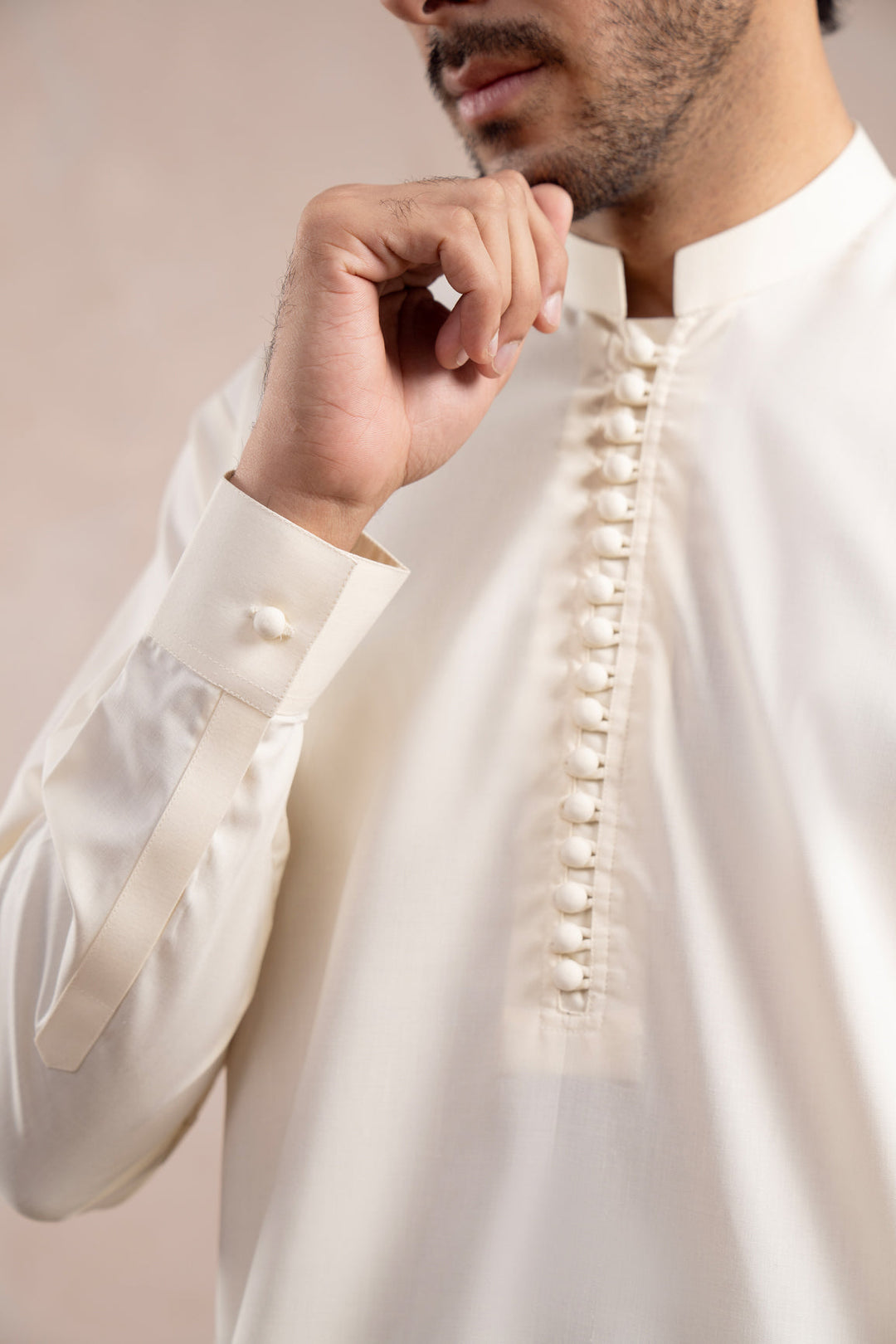 Muraqsh Ready To Wear Solids Bosky Men Bosky White Blended  Kurta Trouser Loop Buttons ABD-BOSKYOOP - Summer Collection