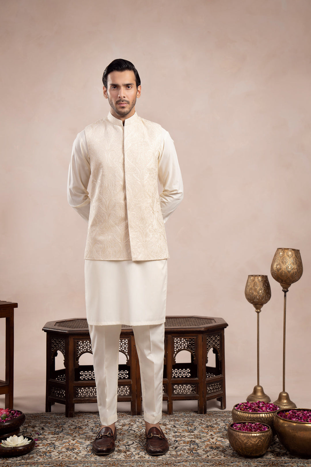 Muraqsh Ready To Wear Embroidered Bosky Men Bosky White Cross Stitched Waistcoat MUR-BWCSE - Summer Collection