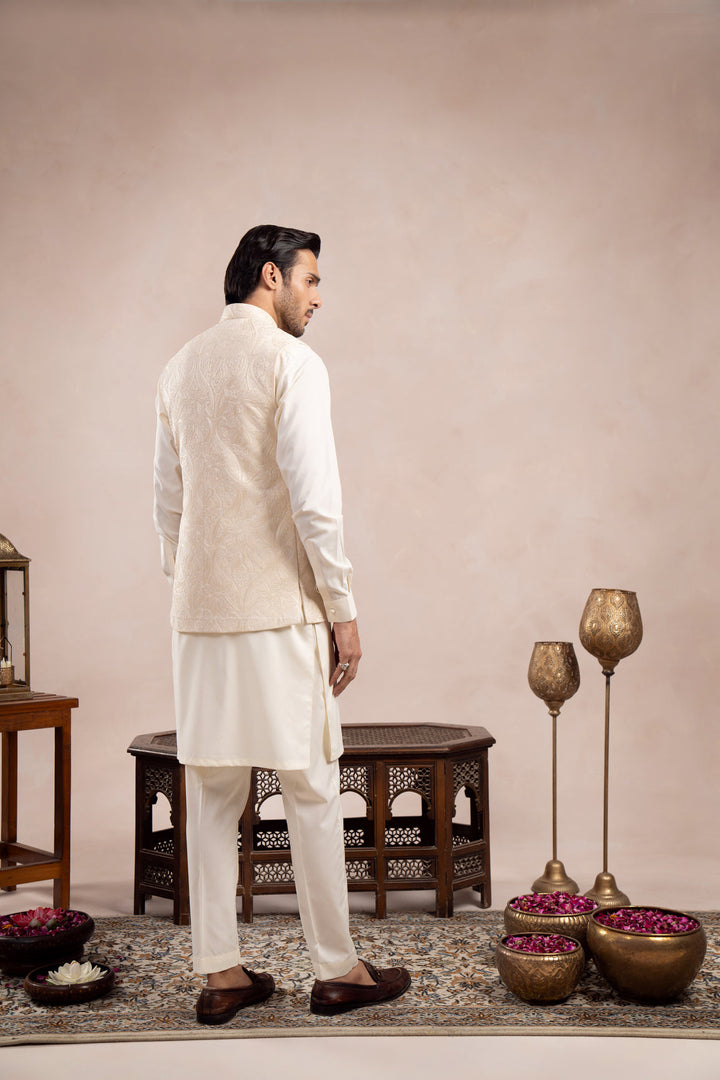 Muraqsh Ready To Wear Embroidered Bosky Men Bosky White Cross Stitched Waistcoat MUR-BWCSE - Summer Collection