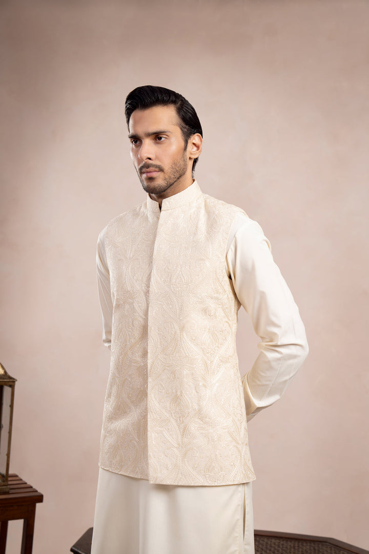 Muraqsh Ready To Wear Embroidered Bosky Men Bosky White Cross Stitched Waistcoat MUR-BWCSE - Summer Collection