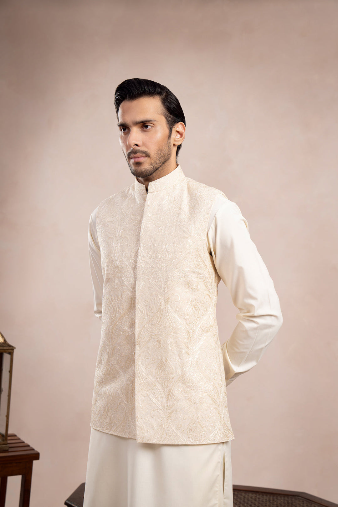 Muraqsh Ready To Wear Embroidered Bosky Men Bosky White Kurta Trouser with Cross Stitched Waistcoat  MUR-BWKTW - Summer Collection