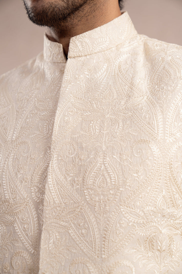 Muraqsh Ready To Wear Embroidered Bosky Men Bosky White Cross Stitched Waistcoat MUR-BWCSE - Summer Collection