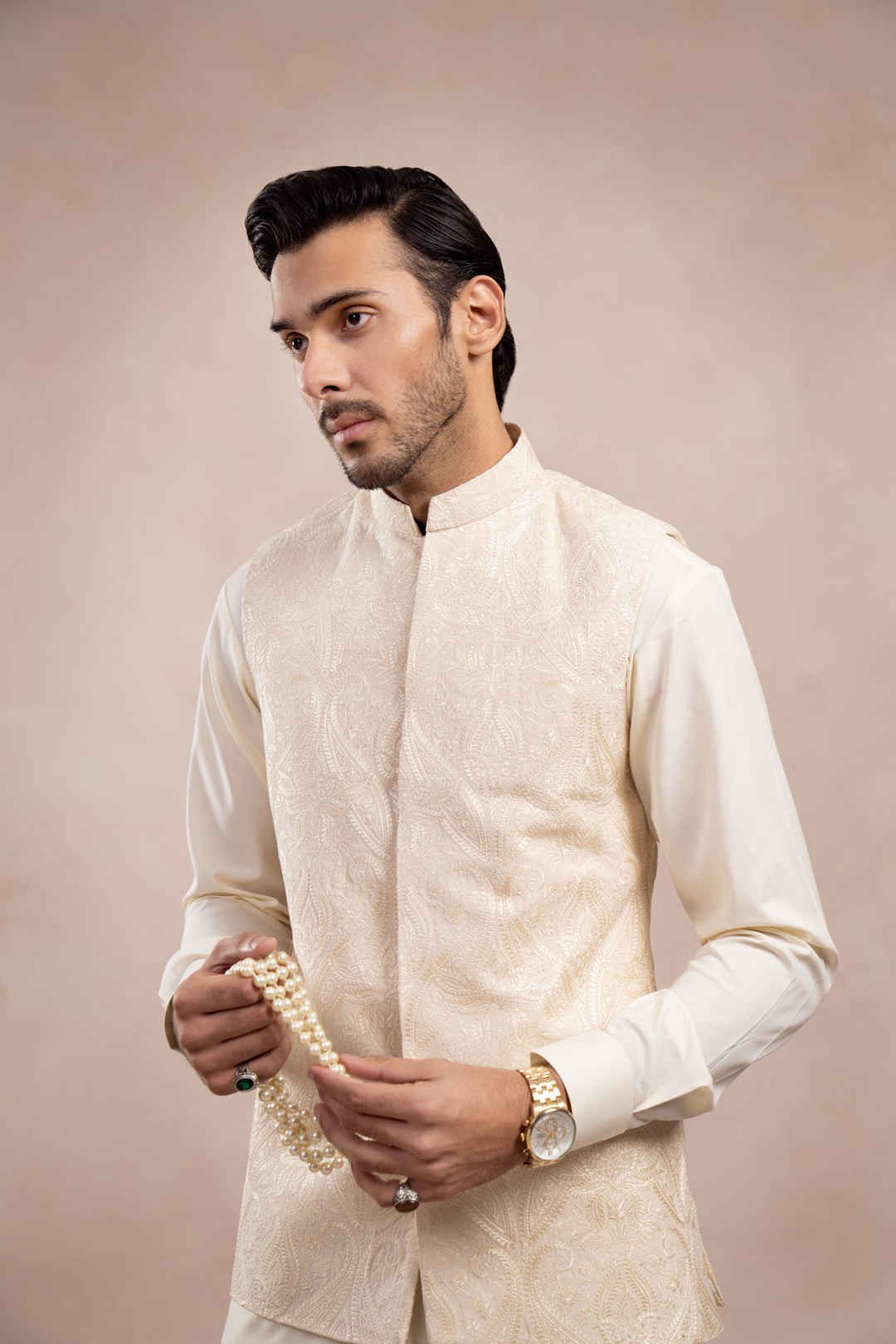 Muraqsh Ready To Wear Embroidered Bosky Men Bosky White Kurta Trouser with Cross Stitched Waistcoat  MUR-BWKTW - Summer Collection