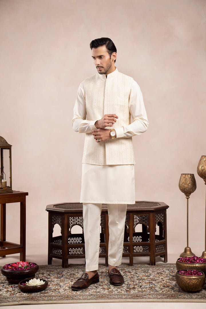 Muraqsh Ready To Wear Embroidered Bosky Men Bosky White Falling Waistcoat MUR-BWFEW - Summer Collection