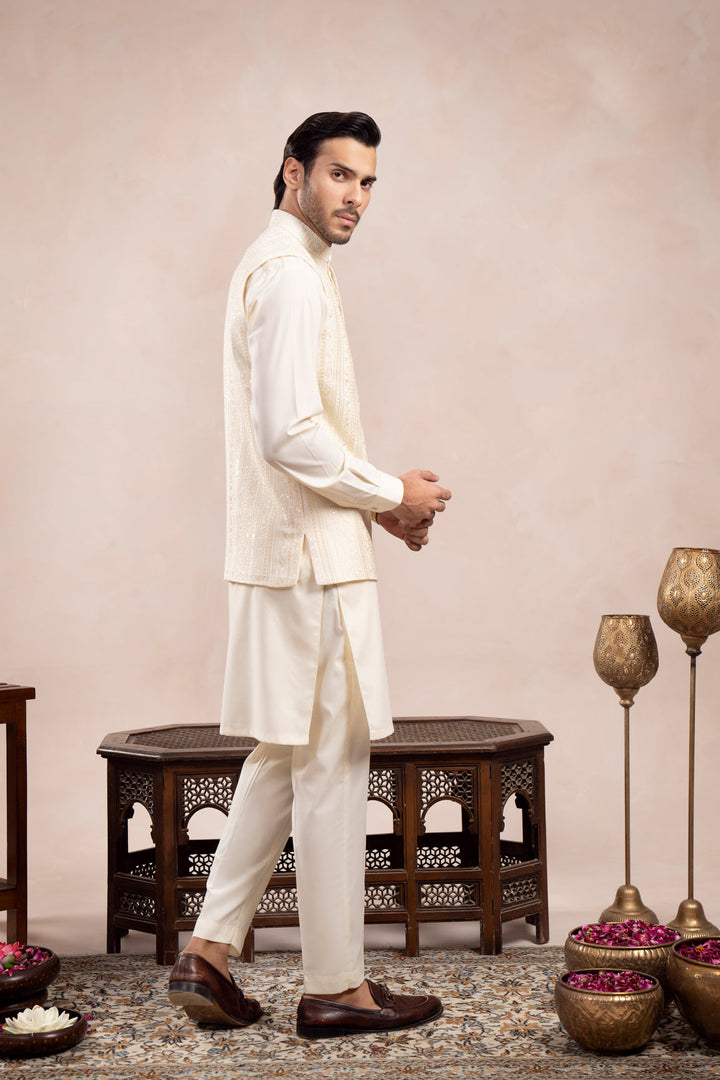 Muraqsh Ready To Wear Embroidered Bosky Men Bosky White Falling Waistcoat MUR-BWFEW - Summer Collection