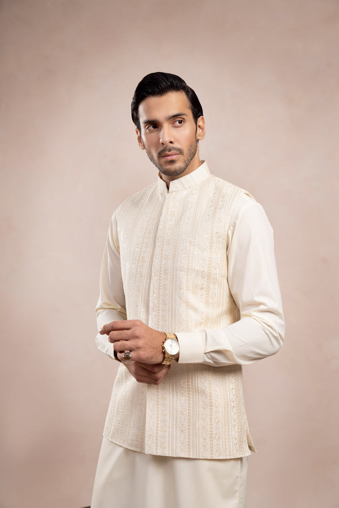 Muraqsh Ready To Wear Embroidered Bosky Men Bosky White Kurta Trouser with Falling Waistcoat  MUR-BWKTW - Summer Collection