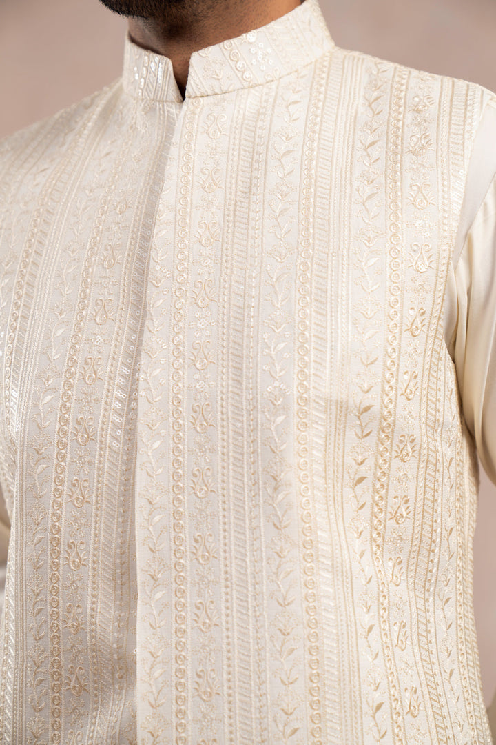 Muraqsh Ready To Wear Embroidered Bosky Men Bosky White Kurta Trouser with Falling Waistcoat  MUR-BWKTW - Summer Collection