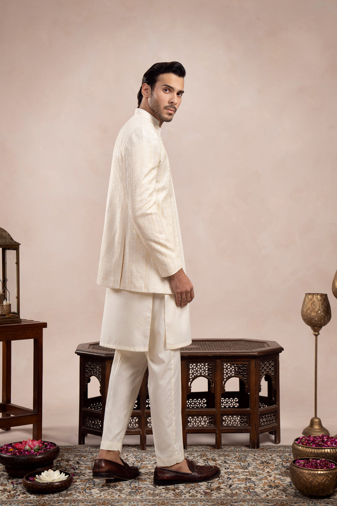Muraqsh Ready To Wear Embroidered Bosky Men Bosky White Loop Kurta Trouser with Falling Open Prince Coat ABD-BWLKT - Summer Collection