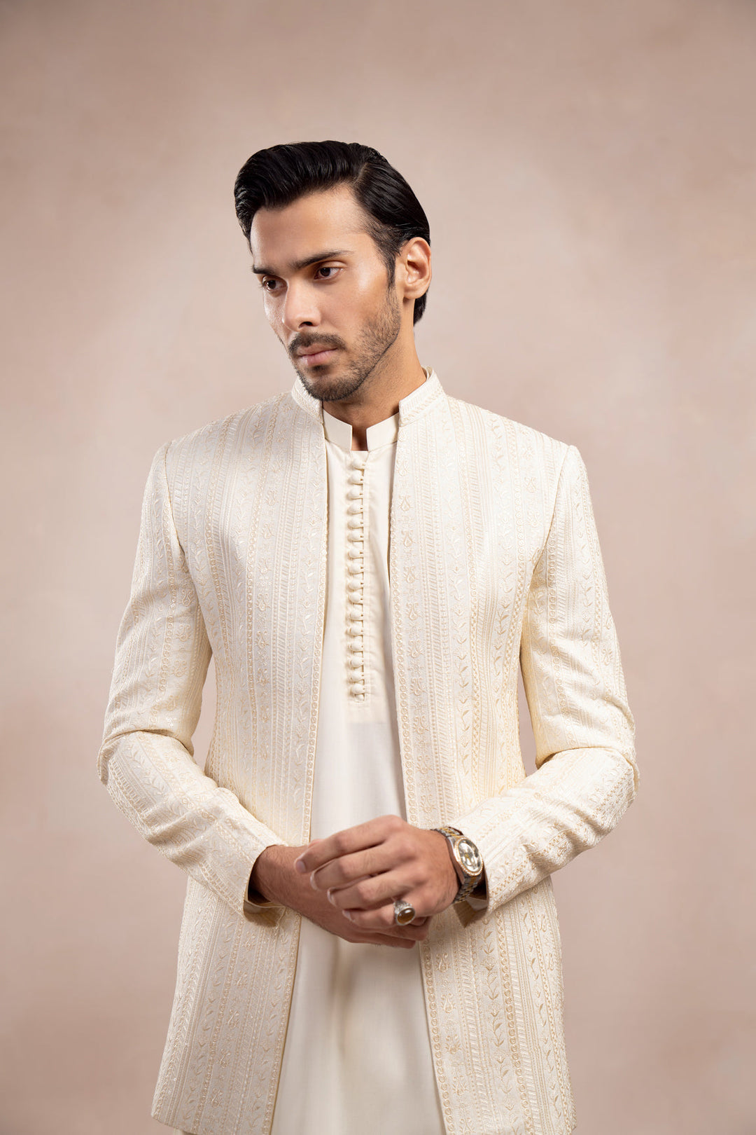 Muraqsh Ready To Wear Embroidered Bosky Men Bosky White Falling Open Prince Coat MUR-BWFEO - Summer Collection