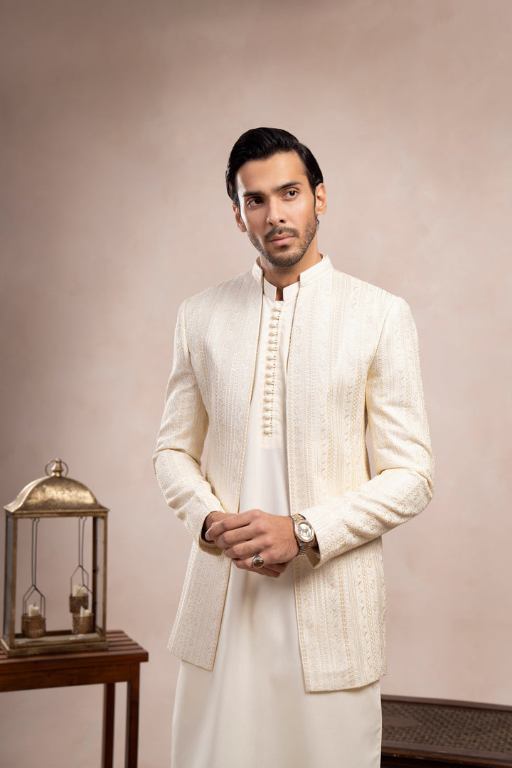 Muraqsh Ready To Wear Embroidered Bosky Men Bosky White Loop Kurta Trouser with Falling Open Prince Coat ABD-BWLKT - Summer Collection