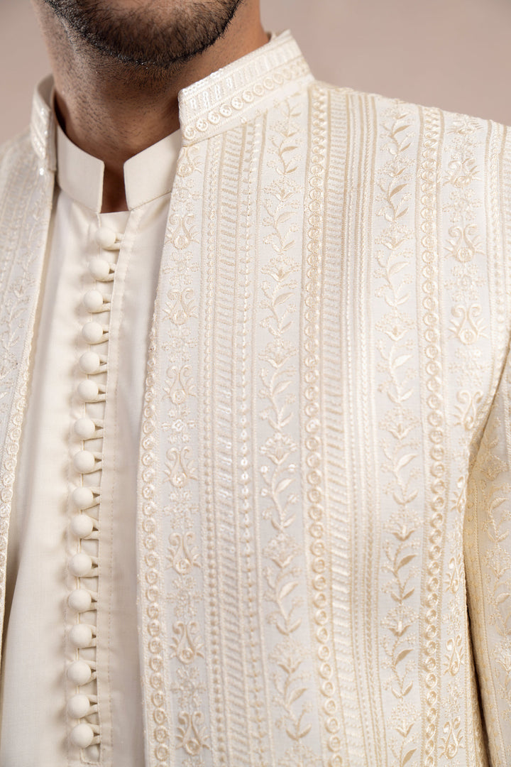 Muraqsh Ready To Wear Embroidered Bosky Men Bosky White Loop Kurta Trouser with Falling Open Prince Coat ABD-BWLKT - Summer Collection