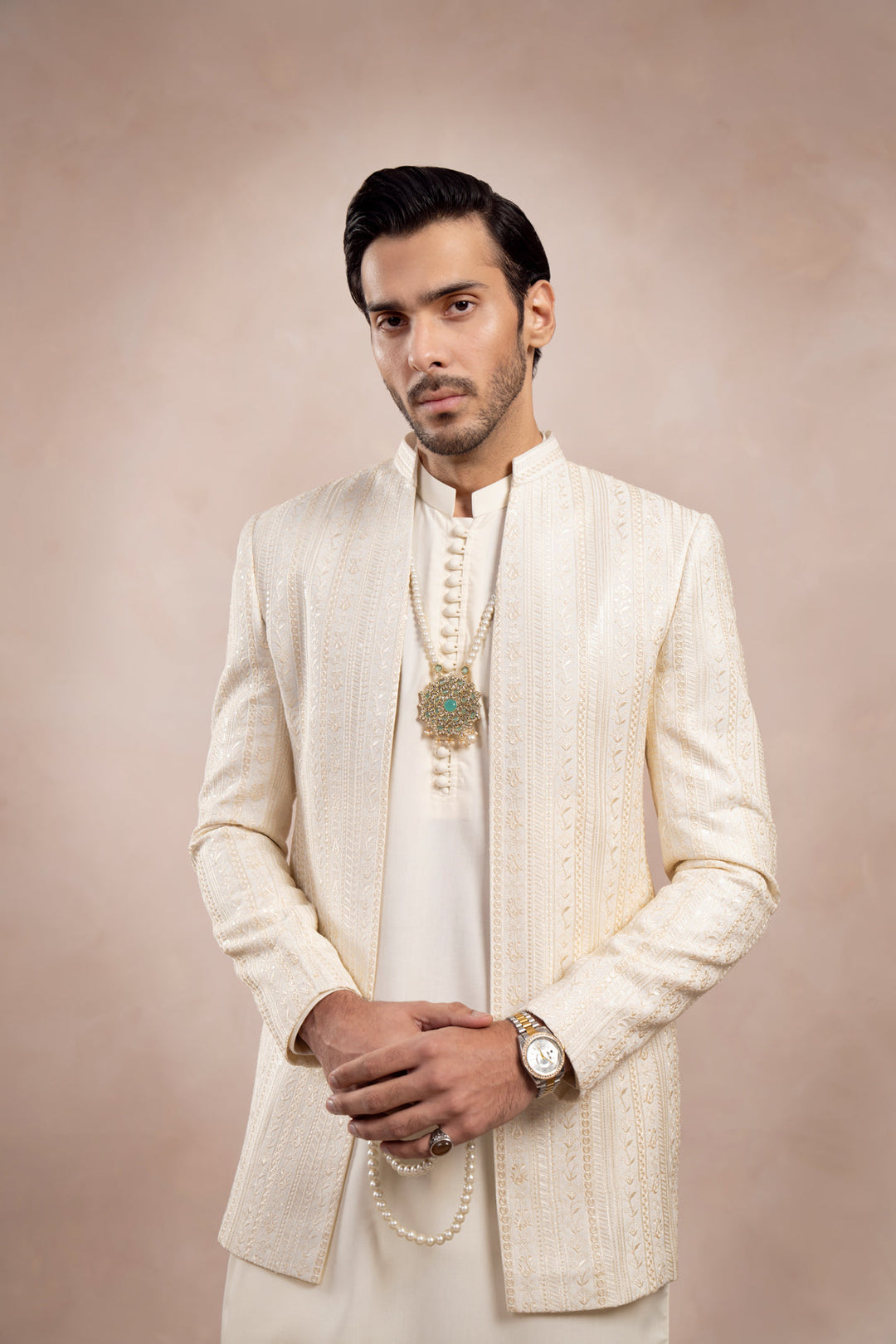 Muraqsh Ready To Wear Embroidered Bosky Men Bosky White Falling Open Prince Coat MUR-BWFEO - Summer Collection