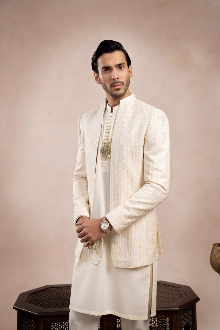 Muraqsh Ready To Wear Embroidered Bosky Men Bosky White Loop Kurta Trouser with Falling Open Prince Coat ABD-BWLKT - Summer Collection