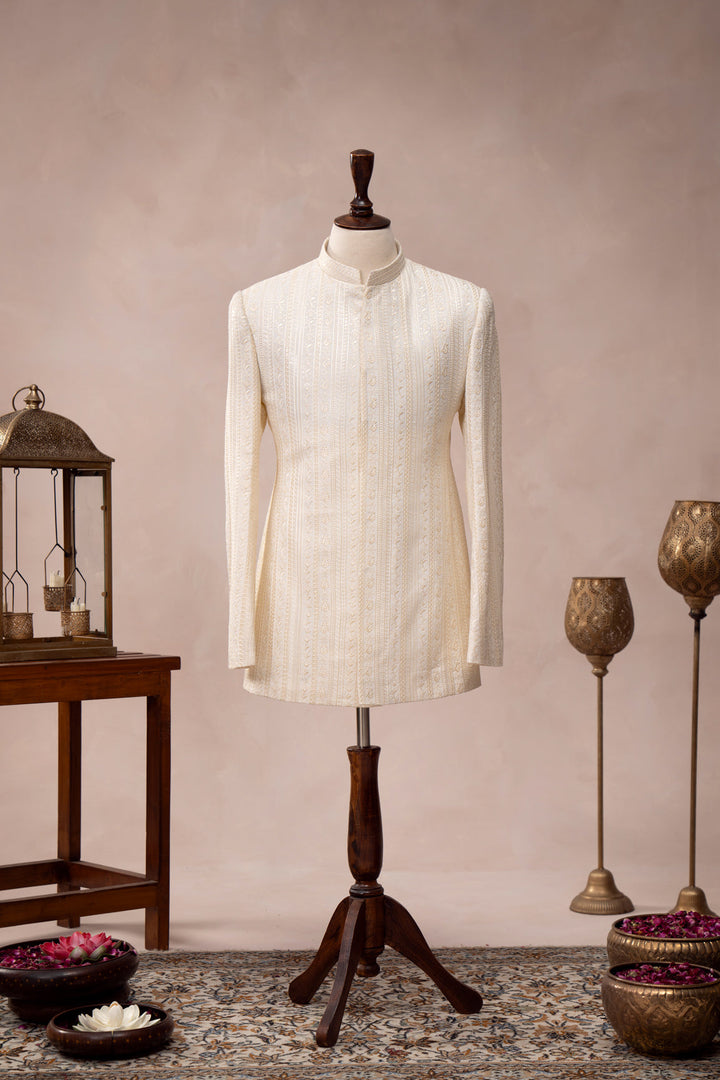 Muraqsh Ready To Wear Embroidered Bosky Men White Falling Prince Coat MUR-BWFEP - Summer Collection