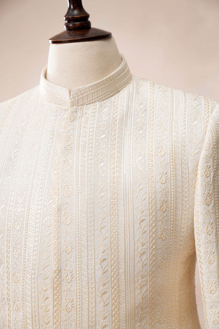 Muraqsh Ready To Wear Embroidered Bosky Men White Falling Prince Coat MUR-BWFEP - Summer Collection