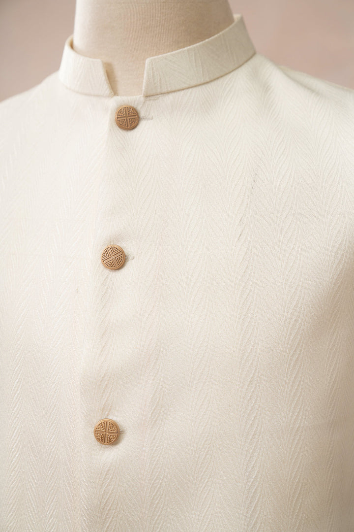 Muraqsh Ready To Wear Solids Cotton Men Off White Jamawar Textured Waistcoat MUR-OWJTW - Summer Collection