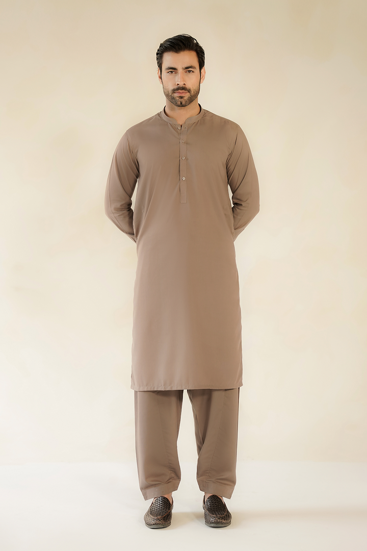 Divinely Crafted Men Ready To Wear Solids Cotton Men Shalwar Kameez Auburn Brown - Summer Collection