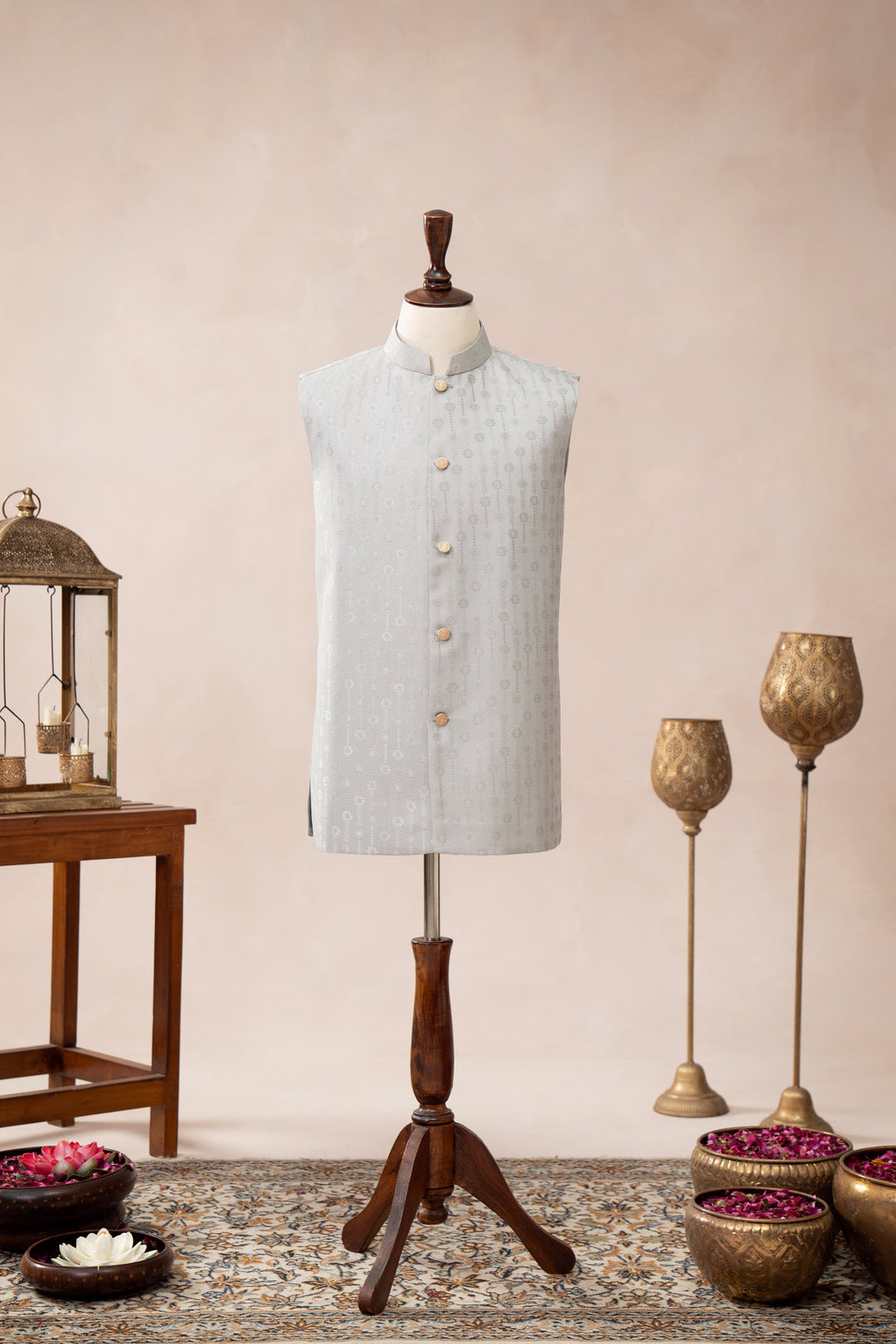 Muraqsh Ready To Wear Solids Cotton Men Sky Blue Jamawar Textured Waistcoat MURBJTW - Summer Collection