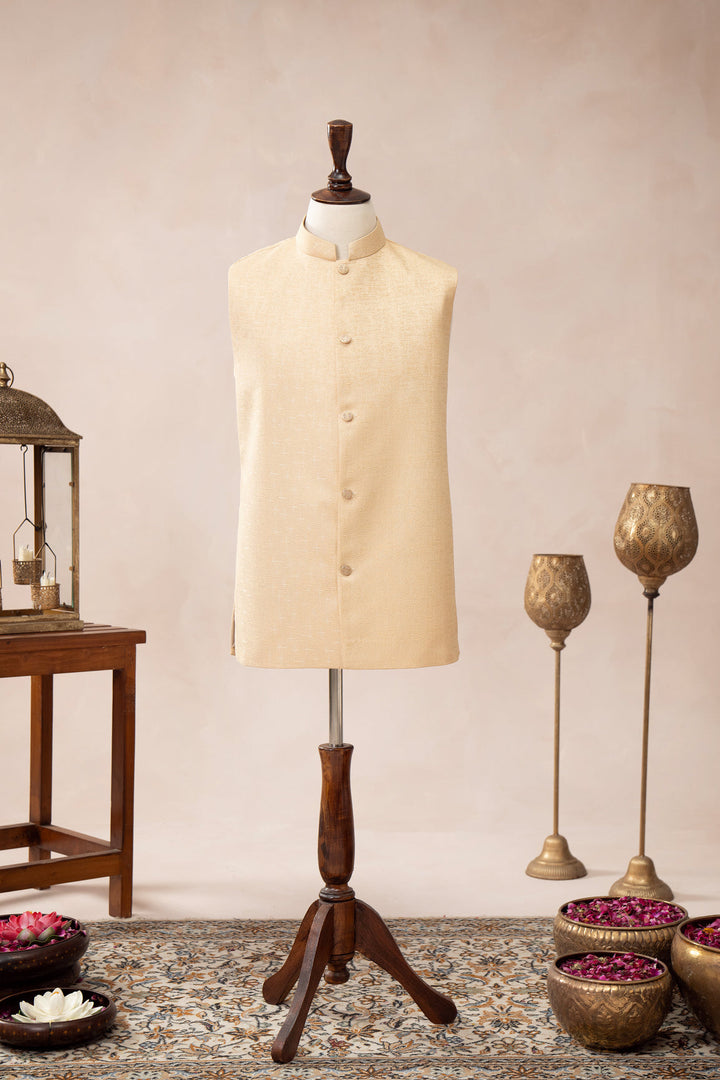 Muraqsh Ready To Wear Solids Cotton Men Ivory Jamawar Textured Waistcoat MUR-IJTW - Summer Collection