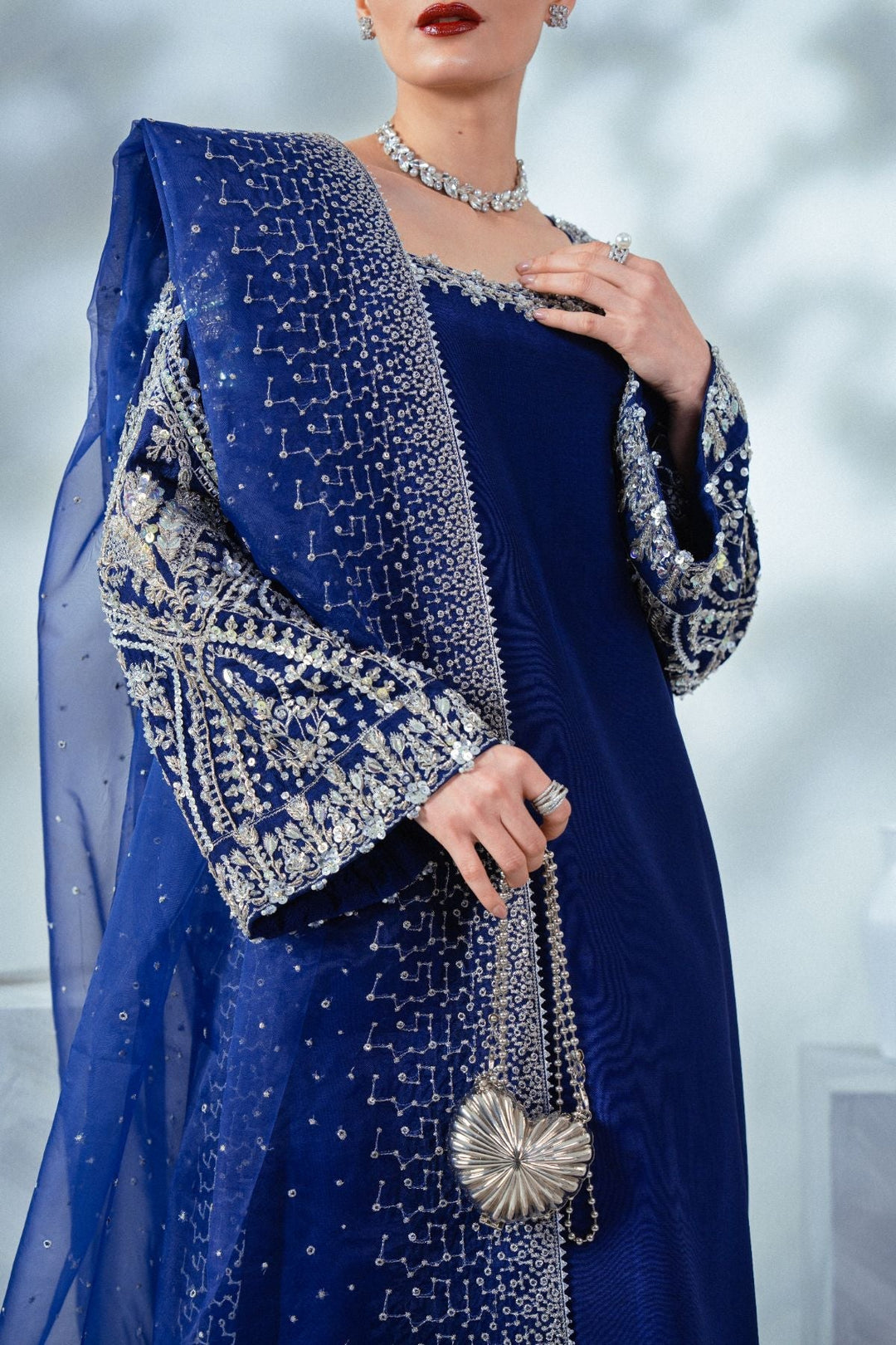 Soiree by Enzo Women RTW Hand work Silk 3 Piece Suit VELOURS BLEU Festive Collection