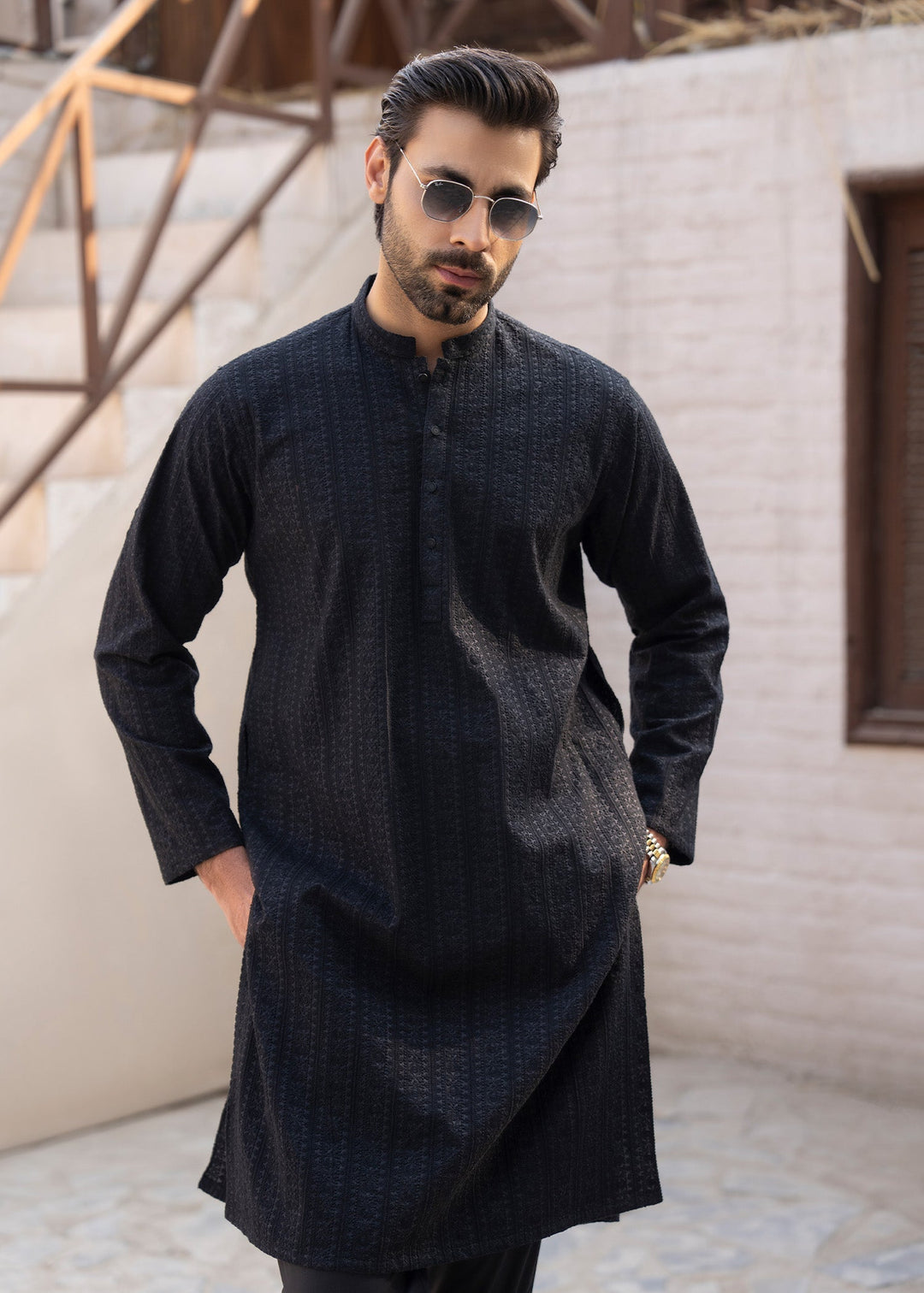 Noor e Eid by Buraq Mens RTW Embroidered Cotton 2 Piece Suit Jet Black Casual Collection