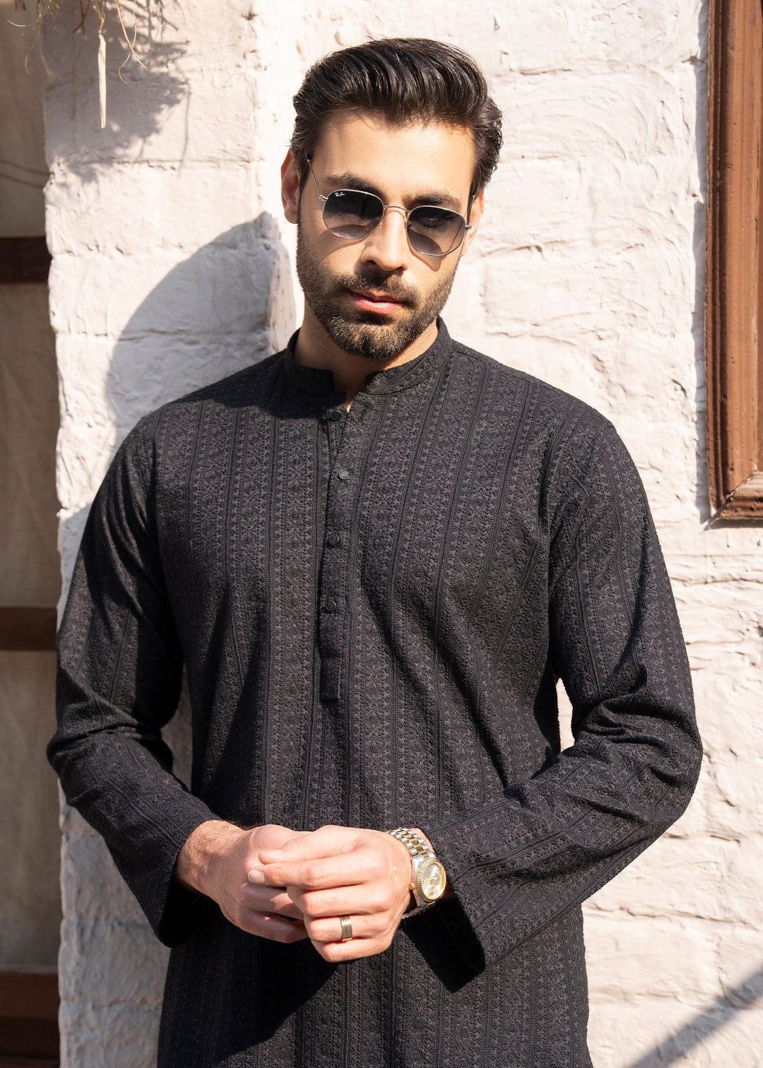Noor e Eid by Buraq Mens RTW Embroidered Cotton 2 Piece Suit Jet Black Casual Collection