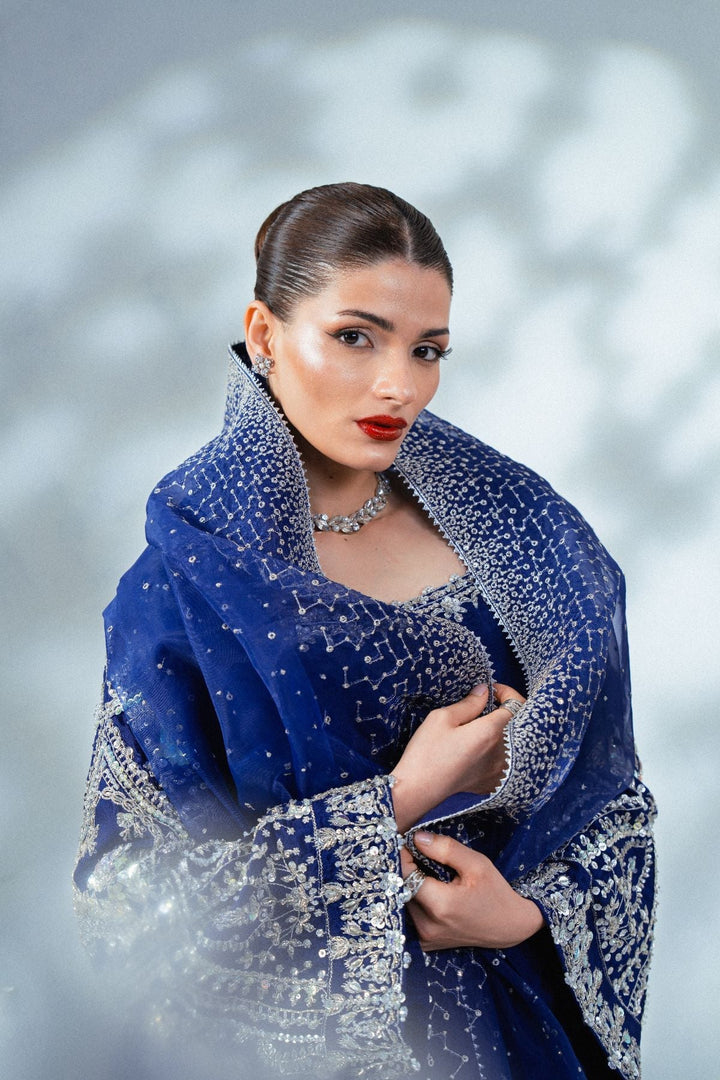 Soiree by Enzo Women RTW Hand work Silk 3 Piece Suit VELOURS BLEU Festive Collection