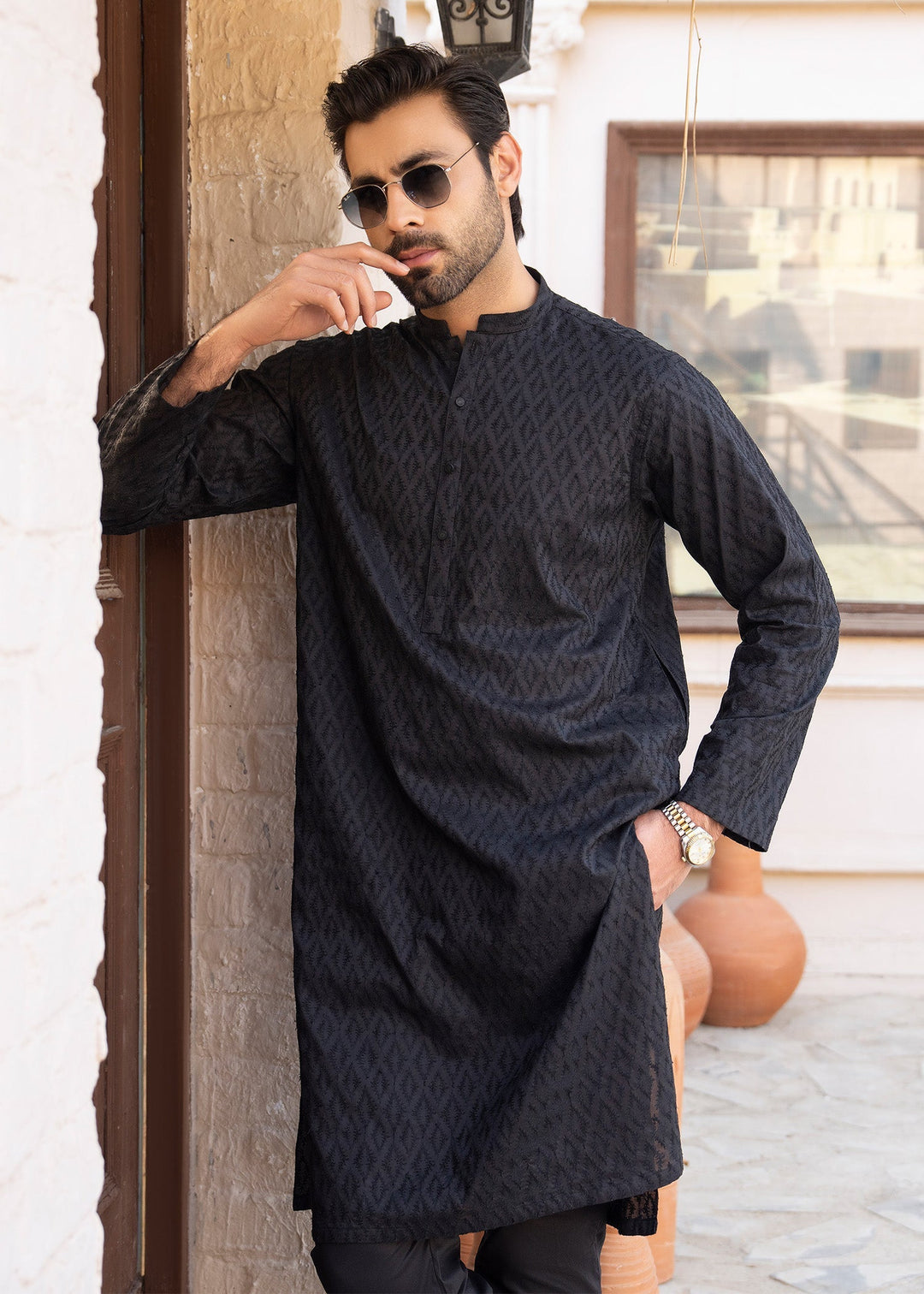 Noor e Eid by Buraq Mens RTW Embroidered Cotton 2 Piece Suit Black Casual Collection