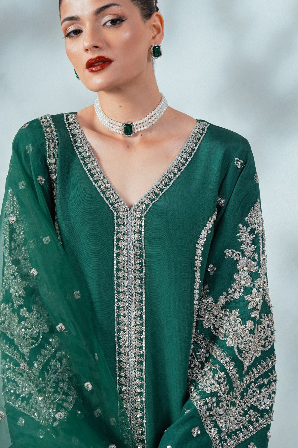 Soiree by Enzo Women RTW Hand work Silk 3 Piece Suit EMERALD WHISPER Festive Collection