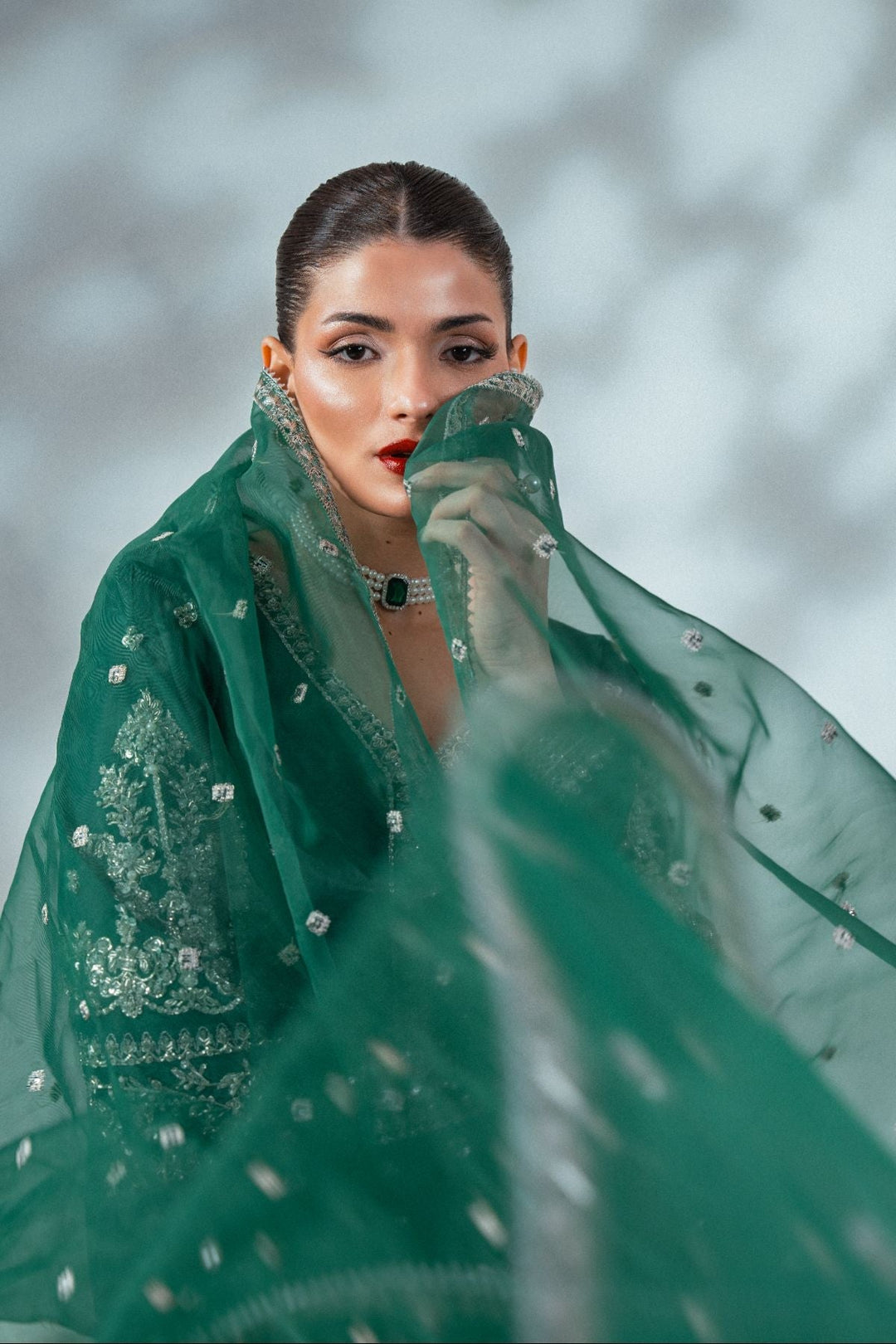 Soiree by Enzo Women RTW Hand work Silk 3 Piece Suit EMERALD WHISPER Festive Collection