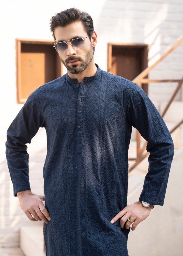 Noor e Eid by Buraq Mens RTW Embroidered Cotton 2 Piece Suit Dark Navy Casual Collection
