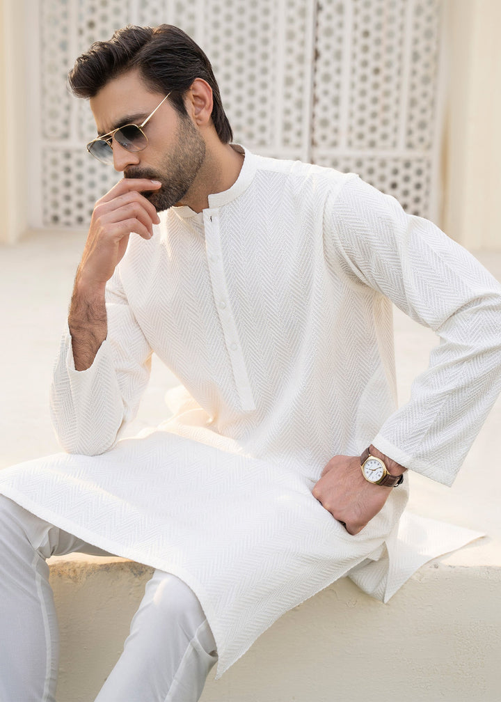 Noor e Eid by Buraq Mens RTW Embroidered Cotton 2 Piece Suit B-White Casual Collection