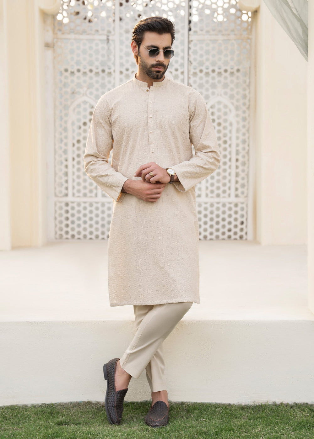 Noor e Eid by Buraq Mens RTW Embroidered Cotton 2 Piece Suit Beige Casual Collection