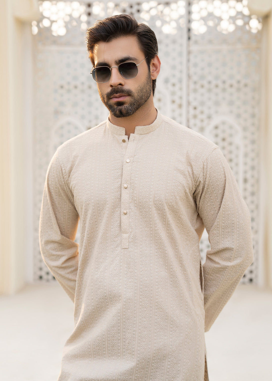 Noor e Eid by Buraq Mens RTW Embroidered Cotton 2 Piece Suit Beige Casual Collection