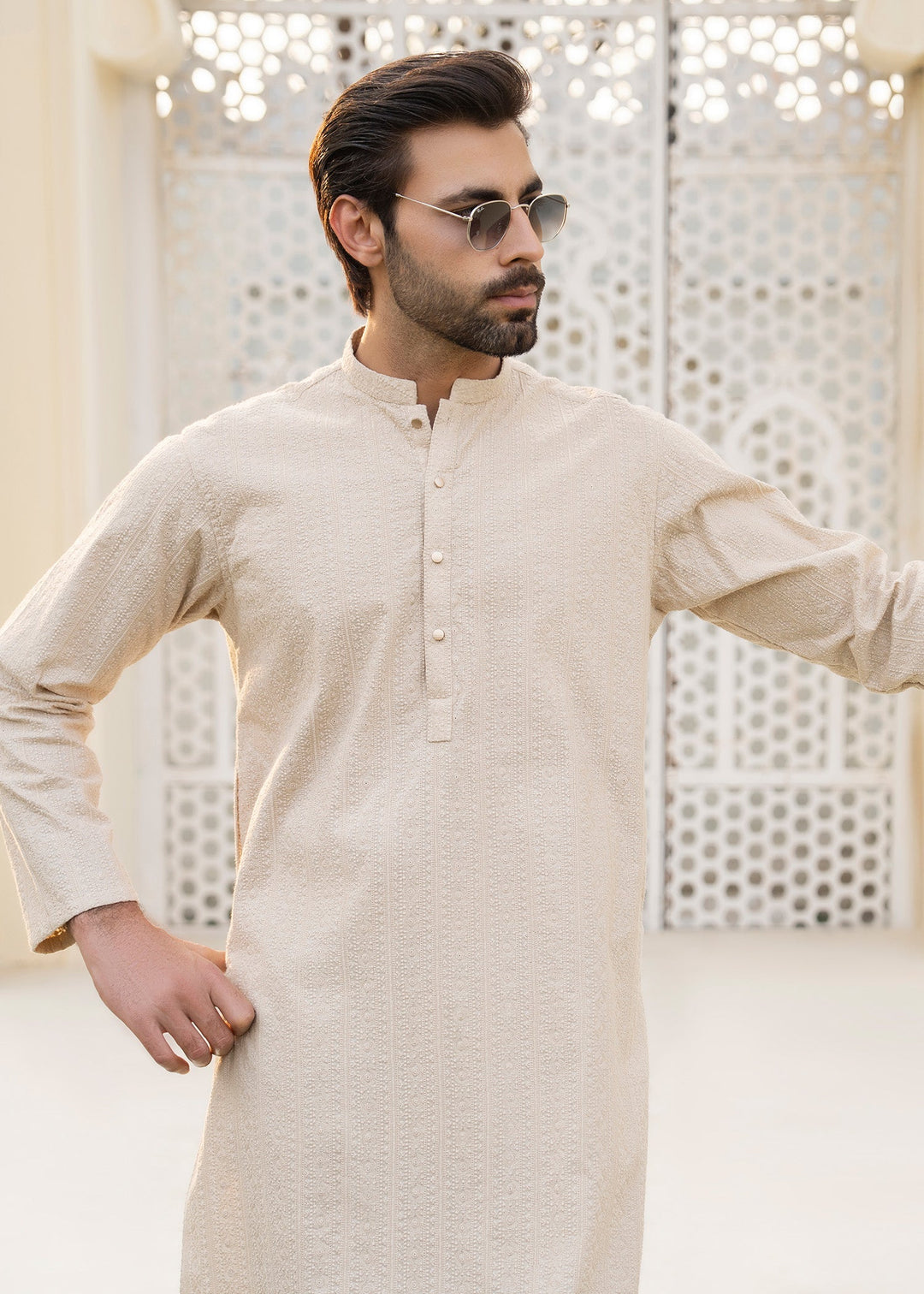 Noor e Eid by Buraq Mens RTW Embroidered Cotton 2 Piece Suit Beige Casual Collection