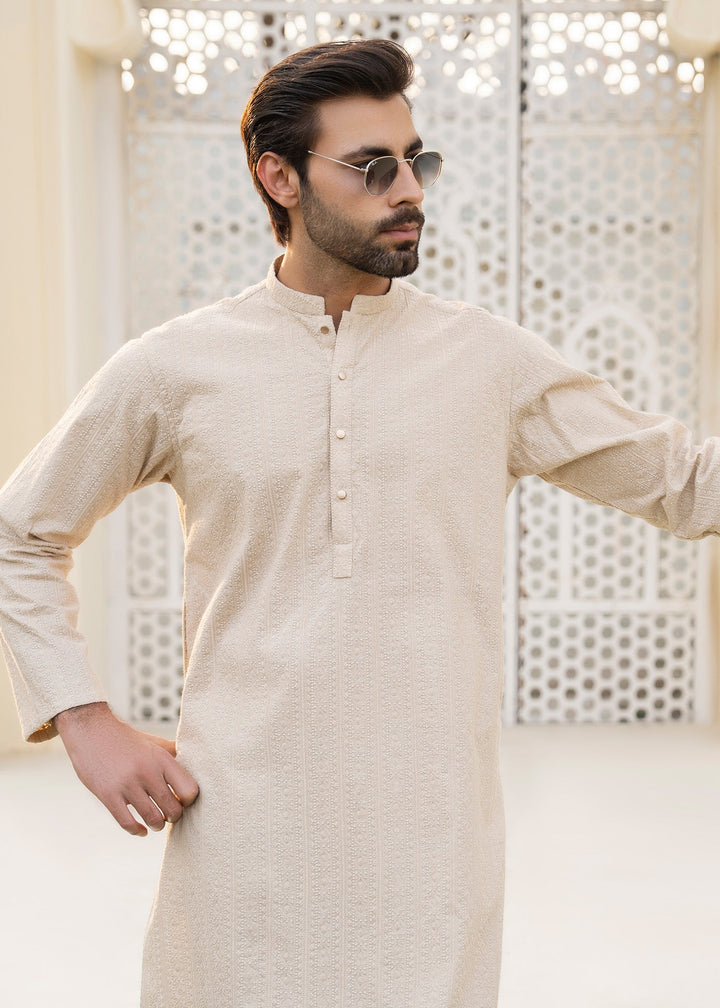 Noor e Eid by Buraq Mens RTW Embroidered Cotton 2 Piece Suit Beige Casual Collection