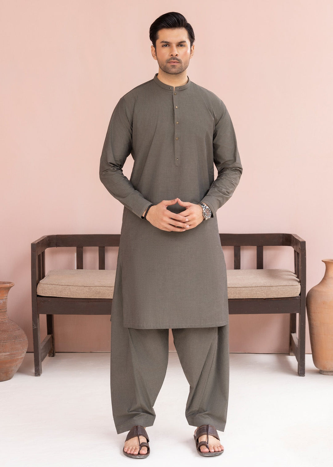 Riwayat by Buraq Mens RTW Solids Cotton 2 Piece Suit Olive Grey Casual Collection